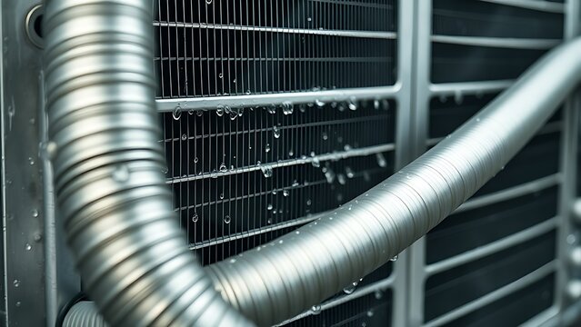 Industrial cooling unit with water droplets on reflective metal pipes.