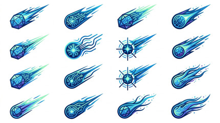 Collection of blue comets with fiery tails in motion. © Mamad