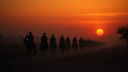 Fototapeta premium Silhouettes of riders on horseback on a dusty road at sunset.