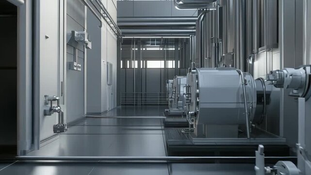 Industrial facility interior featuring complex piping systems and rows of powerful engines, illustrating advanced manufacturing processes and technological infrastructure in a clean environment