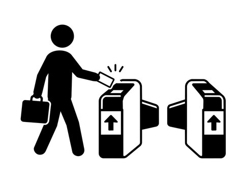 Passenger passing through train ticket gate icon illustration