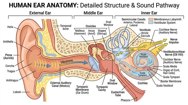 Detailed human ear anatomy illustration showing external, middle, and inner ear structures and the sound pathway, generative ai