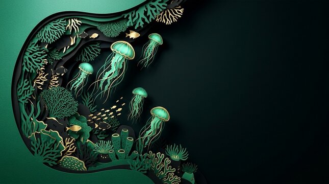 Elegant paper-cut style illustration of a vibrant underwater coral reef teeming with jellyfish and fish against a dark green gradient background
