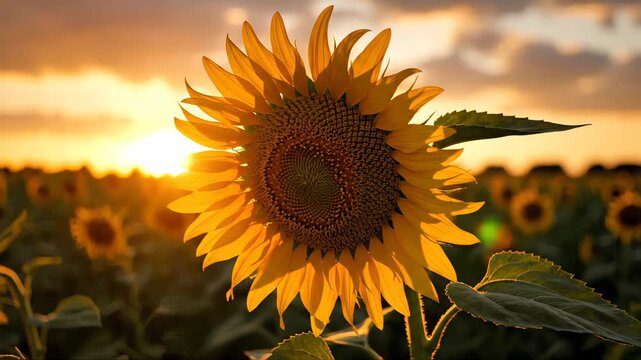 Golden hour sun illuminates a single sunflower in a field
