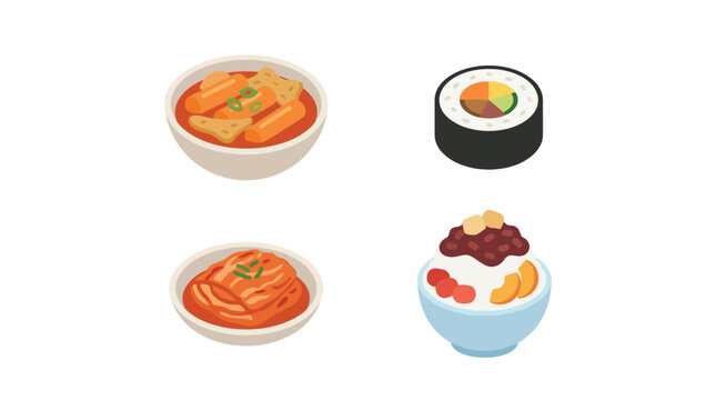 Four popular Korean dishes including spicy tteokbokki, gimbap, kimchi, and bingsu dessert.