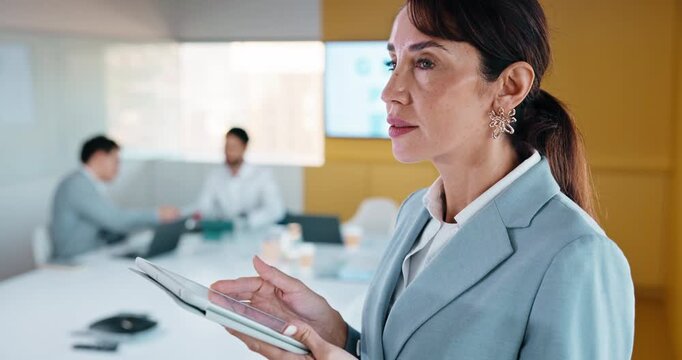 Businesswoman, thinking and typing in office with tablet, remember idea and planning for audit report. Coworking, mature person and problem solving with tech, risk management or vision for accounting