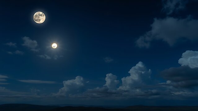 Dramatic super moon glowing in the night sky, casting celestial light over a serene landscape below.