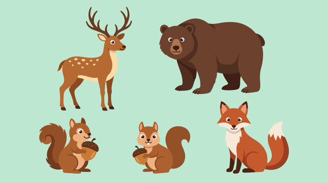 A delightful illustration of forest animals including a deer, bear, fox, and two squirrels, set against a light green background
