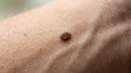 Fototapeta premium Close-up view of a human skin mole on an arm, highlighting the need for dermatological check-ups and health awareness