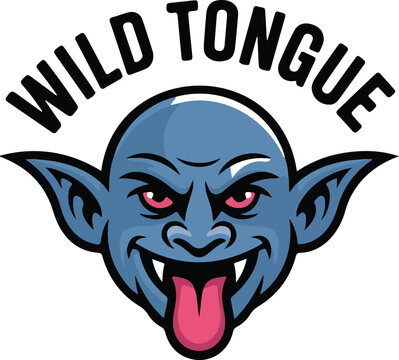 Mascot cartoon of a blue creature with pink eyes sticking out its tongue. Wild tongue emblem.