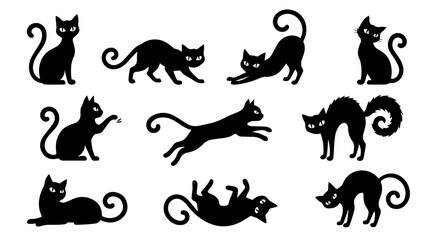 Set of playful black cat silhouettes in various poses, symbolizing curiosity, agility, and feline elegance in minimalist design © Tarieq
