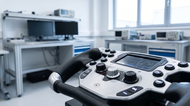 A close-up of a driving simulator steering wheel in a modern automotive testing lab. Two computer monitors and various equipment are visible in the background.