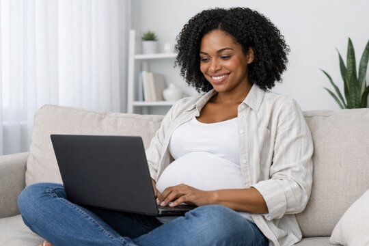 Pregnant woman using laptop on sofa at home relaxing and smiling. Ai generative