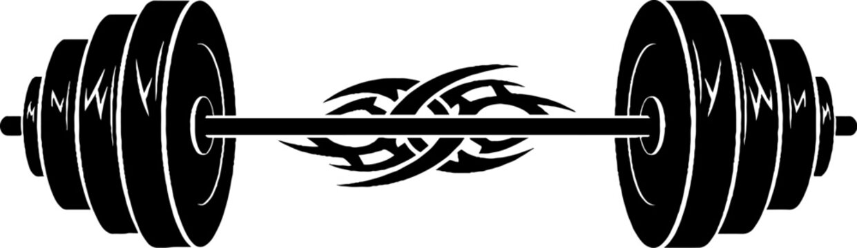 Heavy gym barbell with central tribal graphic design