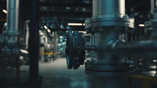 Intricate industrial piping system with a large valve wheel, extending through a dimly lit engine room, embodying concepts of engineering, production, and energy infrastructure