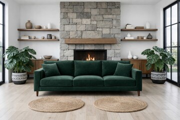Fototapeta premium Modern livingroom interior with green sofa and stone fireplace. Ai generative