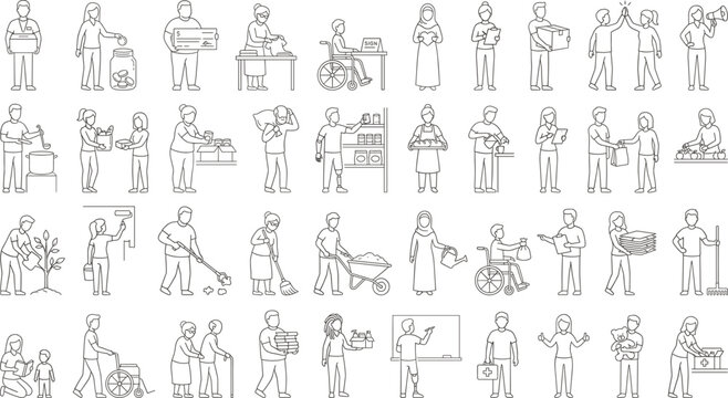People Performing Charity Work Helping and Volunteering Line Icon Set