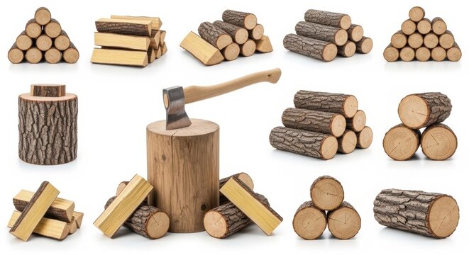Axe and various stacks of firewood logs presented on a clean white background, ideal for rustic or outdoor themes