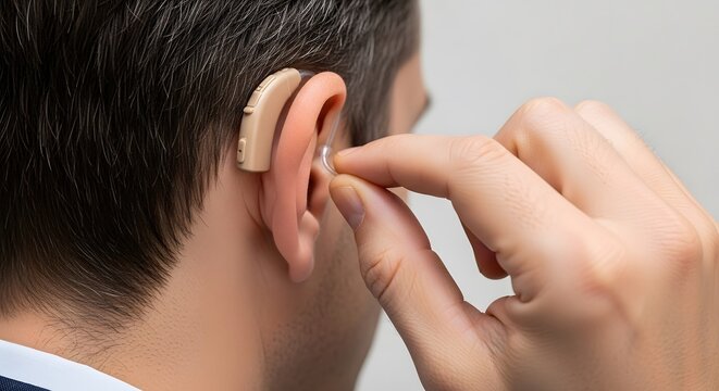 Close-up of a man putting a hearing aid behind his ear for hearing loss treatment.
