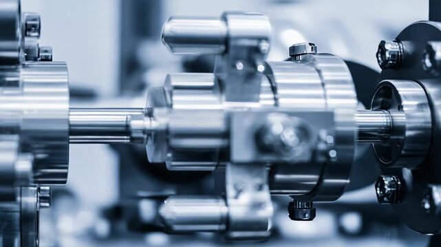 Shiny metallic components forming part of an advanced industrial machine, highlighting engineering, technology, and specialized laboratory equipment with precision manufacturing