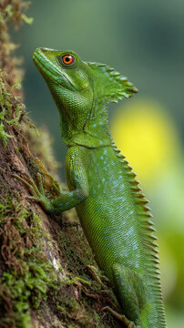 Vibrant green plumed basilisk lizard perched on a mossy tree trunk close up view of an exotic tropical reptile with bright orange eyes and a crested head in a lush rainforest habitat background