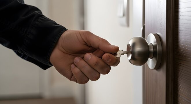 Close up of a person's hand inserting a metal key into a door knob to unlock the door.