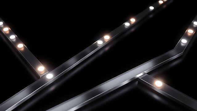 Polished silver trajectory lines zigzagging across a black background with glowing bumpers, high contrast.