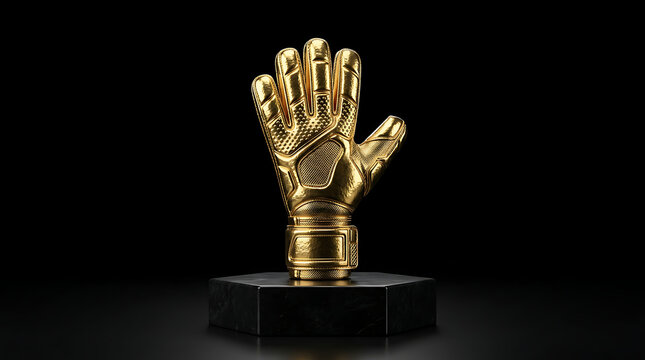Golden glove trophy on a black pedestal against a dark background, symbolizing achievement
