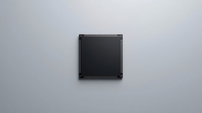 Top view of a black square microchip with many pins on a plain light grey background integrated circuit board microchip semiconductor electronic component computer technology hardware