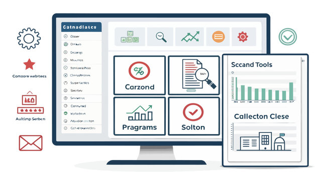 A computer monitor displaying various software tools and icons