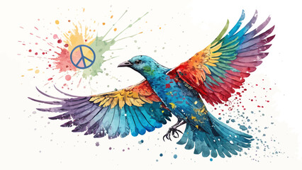 Fototapeta premium Vibrant rainbow dove with peace sign flying with colorful paint splatters