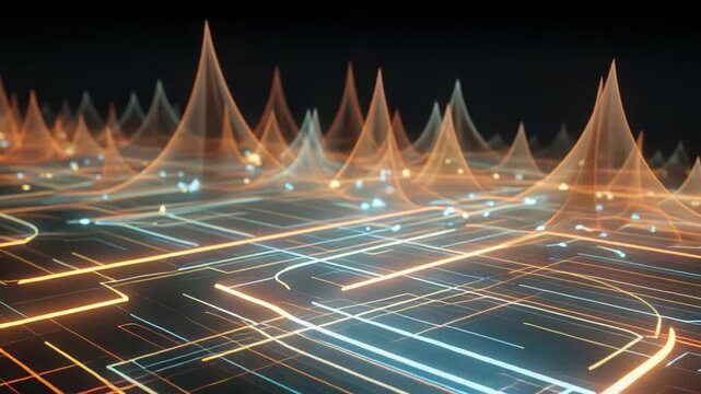 Abstract digital landscape featuring glowing lines representing network connections and data flow, with numerous translucent peaks illustrating signal frequency or information density