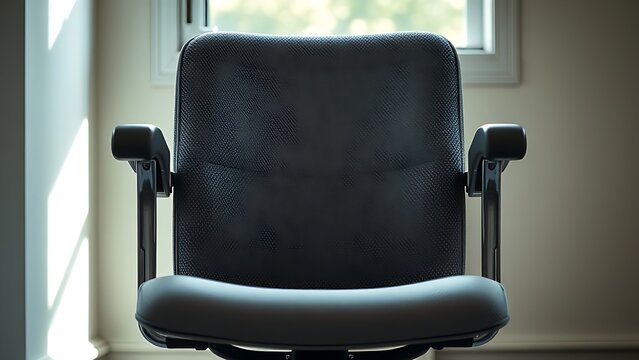 Old office chair showing deep seat impression with worn armrests.