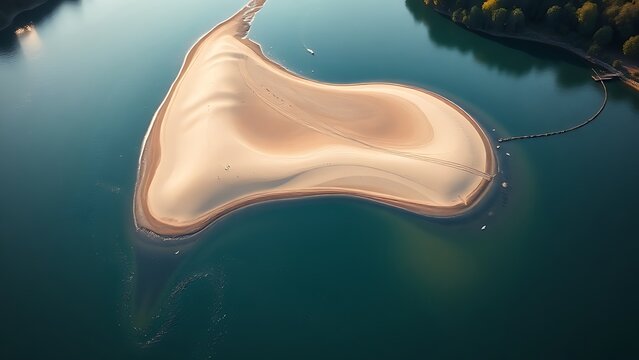 Aerial view of a river sandbar dividing the water into two channels.