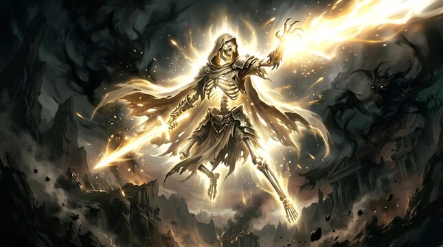 Undead Sorcerer Casting Light Magic, Skeleton Warrior with Glowing Energy