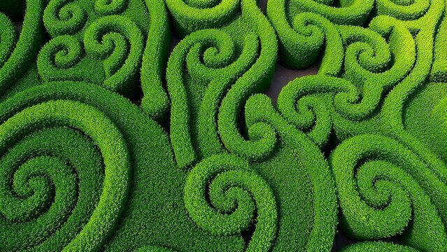 Green shrubs trimmed into intricate scroll patterns, manicured landscape from above.