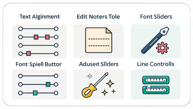Graphic design interface elements with text alignment, font sliders, and line controls