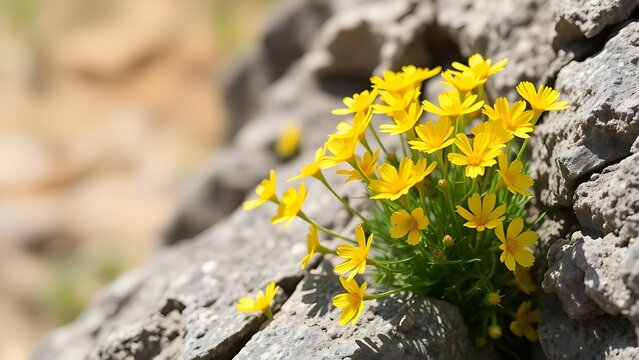 Bright yellow wildflowers growing from a crack in a gray rock.