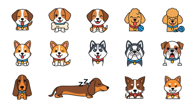 Cute Cartoon Dog Breeds Collection, Pixel Art Style, Adorable Animals