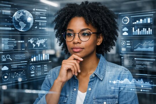 Thoughtful woman analyzing futuristic digital data interface concept. Ai generative