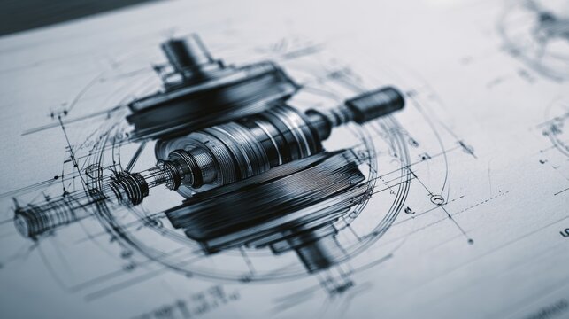Design of a mechanical component drawn on paper with marked details of construction and assembly in a workshop setting
