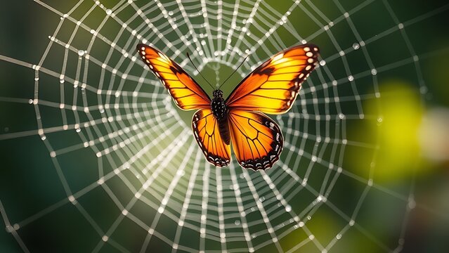 Butterfly flying towards a dew-covered spiderweb in morning light.