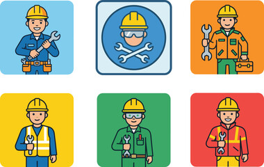 Fototapeta premium Professional Construction Worker Avatar Collection with Tools Safety Helmet and Flat Vector Illustration Set