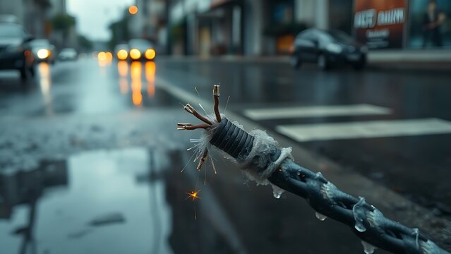 Wet urban street after rain with a frayed electrical cable dangling near a puddle.