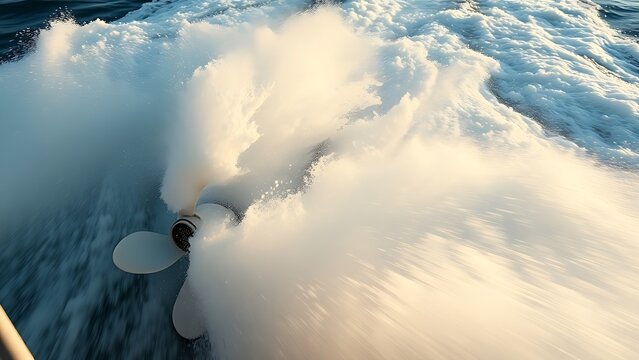 Boat propeller churning ocean water, creating white wake and spray.