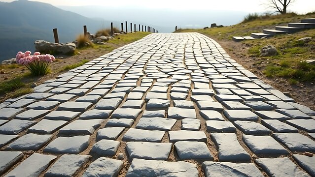 Stone path with a central section worn smooth by footsteps.