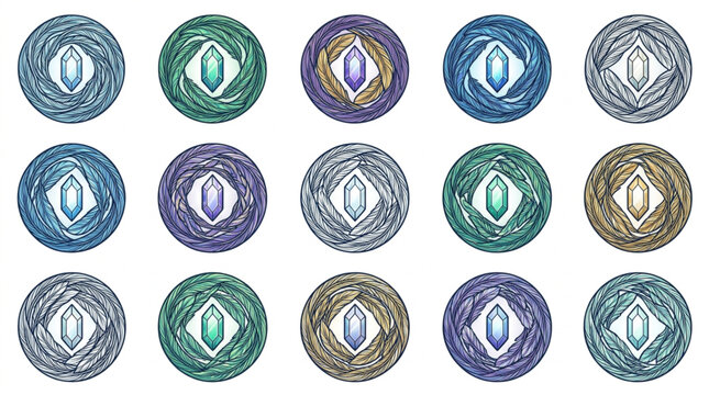 Collection of fifteen colorful circular abstract gemstone designs.