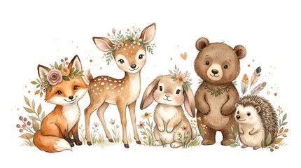 Naklejka premium Cute Woodland Animals Watercolor Illustration: Fox, Deer, Bunny, Bear, Hedgehog