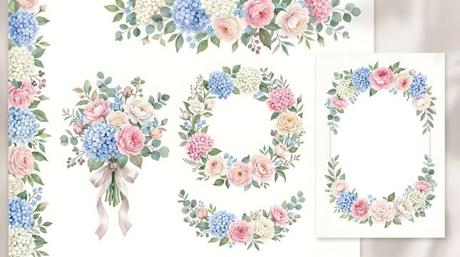 Watercolor Floral Wreath, Bouquet, and Borders with Hydrangeas and Roses