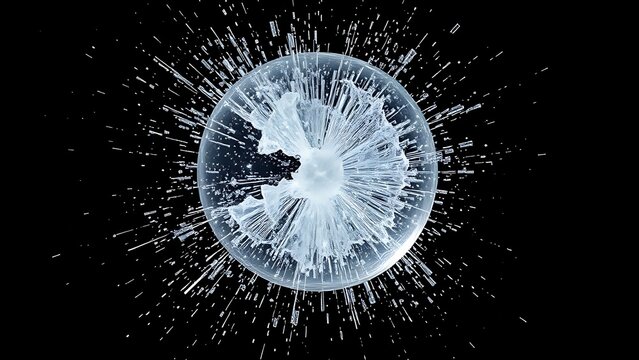 Glass sphere shattering into fragments, high-speed photography, dark background.